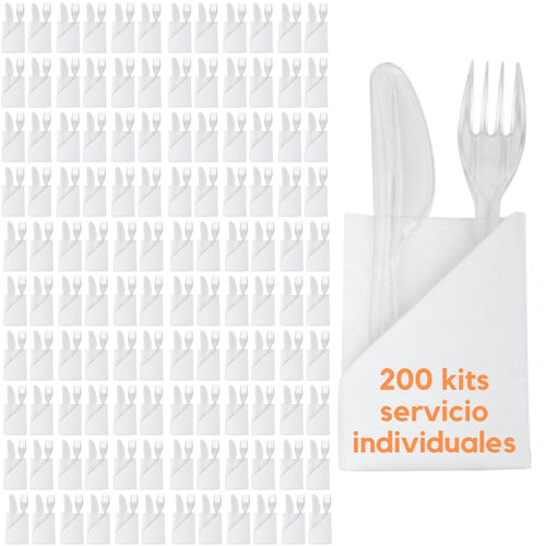 200 Kits de Servicio (Servilleta + Cuchillo + Cuchara) Reutilizables de Plástico Transparente, Cubiertos Alta Resistencia, Ideal para Actividades de Cumpleaños