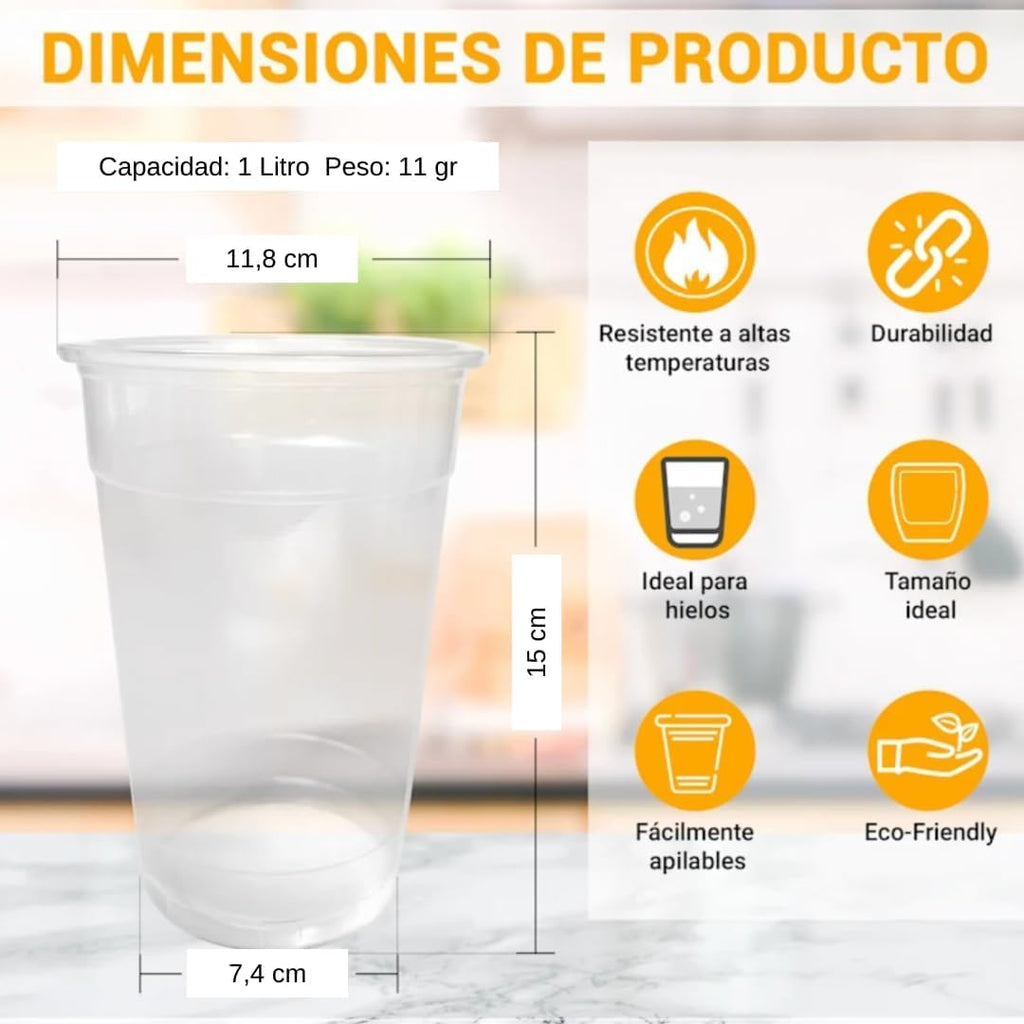 Litronas - Vasos de Plastico Transparentes y Reutilizables de Litro (1000 ML). Minis. Uso en Fiestas o Camping - Ecológico sin BPA - Para Agua, Cocktail, Cerveza, Refrescos y Zumos